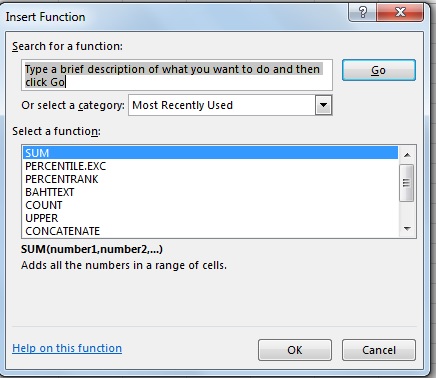 Insert Function Tab in Excel 2013